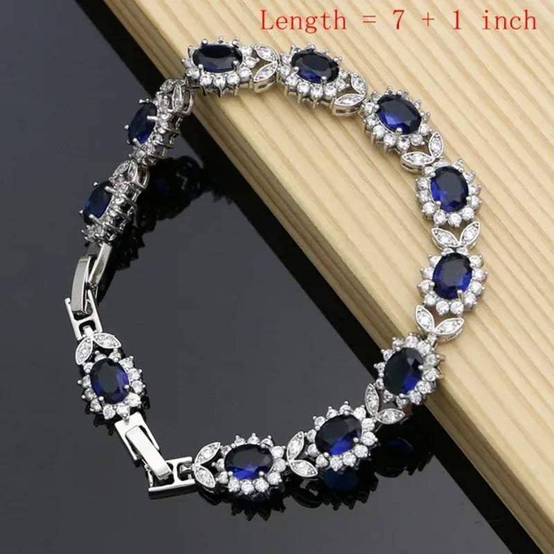 Blue Sapphire Silver 925 Jewelry Set White Topaz Charm for Women Stones Leaves Earrings Rings Bracelet Necklace Set