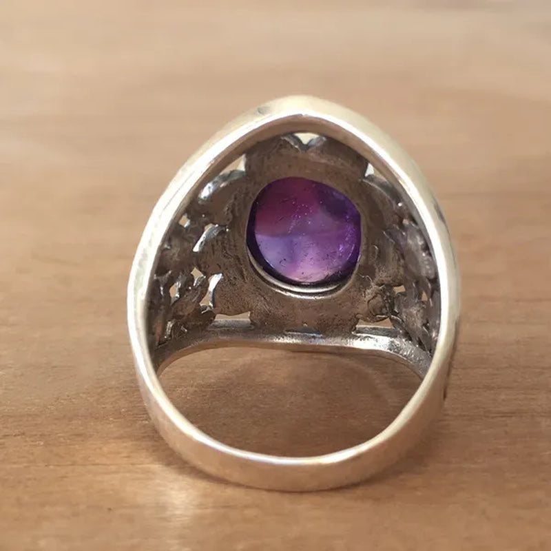 Exquisite Woman Fashion Vintage  Wide Edge Engraved Flower Ring Natural Amethyst Gemstone Ring Engagement Party Bride Wedding High Jewelry Christmas Valentine's Day Gift Ring Size US4-12