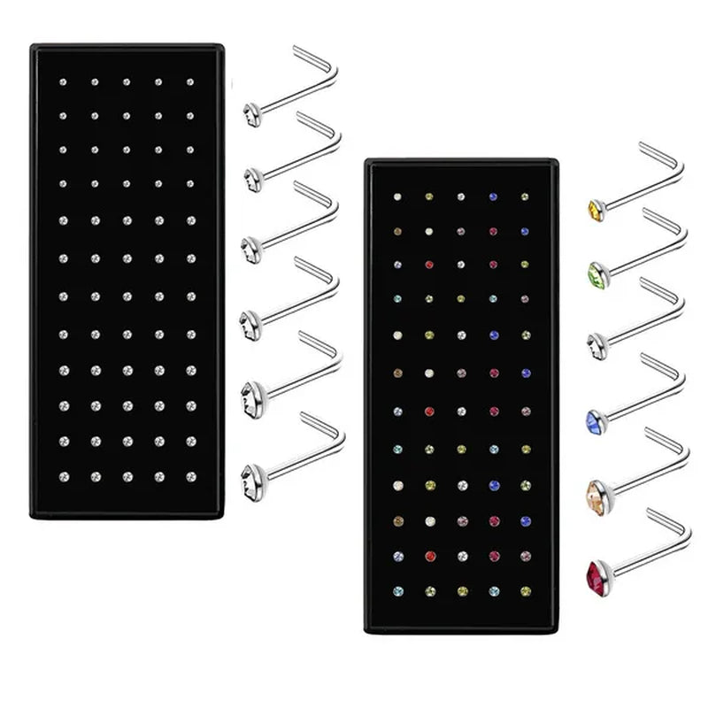 150/100/50PCS Fashion Stainless Steel CZ Crystal L Shape Diamond Rhinestone Nose Ring Body Piercing Stud Jewelry Bone 20 Gauge for Women Girls 2 Types