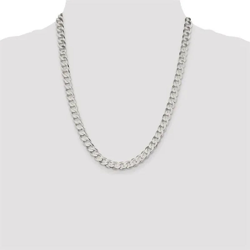 Fashion Solid 925 Silver 8Mm Close Link Flat Curb Cuban Chain Necklace with Secure Lobster Lock Clasp