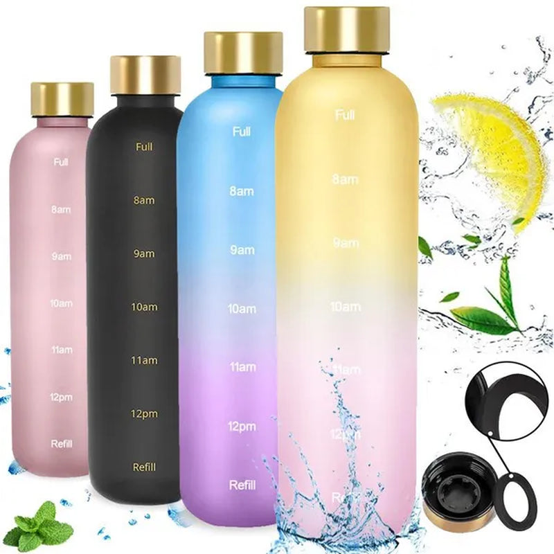 Water Bottle with Time Marker, 32oz Motivational Water Bottle, Reusable Spill-Proof Frosted Plastic Water Bottle for Gym, Sports, Travel, Fitness, School and Work