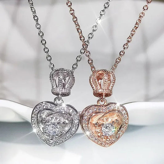 Fashion Cute Silver Plated Heart Shaped Crown Diamond Pendant Necklace for Women Wedding Engagement Rose Gold Clavicle Jewelry Gift