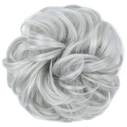 Large Messy Bun Hair Piece Wavy Curly Scrunchies Synthetic Chignon Ponytail Hair Extensions Thick Updo Hairpieces for Women Light Silver Grey