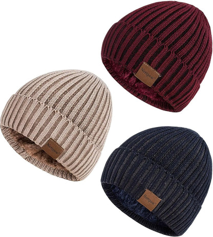 Mens Beanie Hats 3 Pack, Winter Hats for Men Women Warm Thermal Fleece Lined, Thick Knit Fashion Skull Cap for Guys