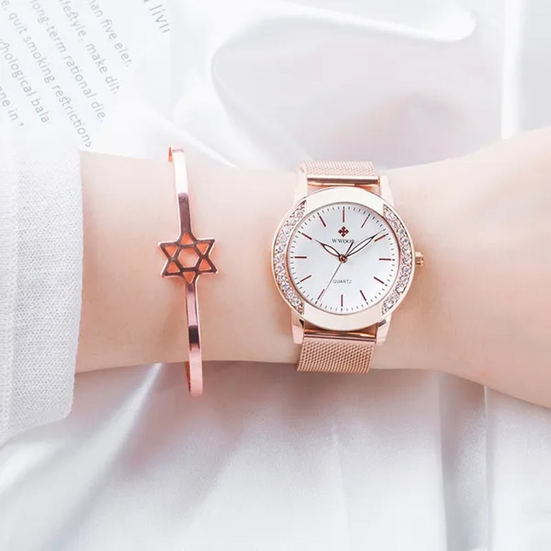 WWOOR Luxury Crystal Ladies Bracelet Watches Top Brand Fashion Women Quartz Watch For Women Rose Gold Mesh Band Wrist Watch Montre Femme