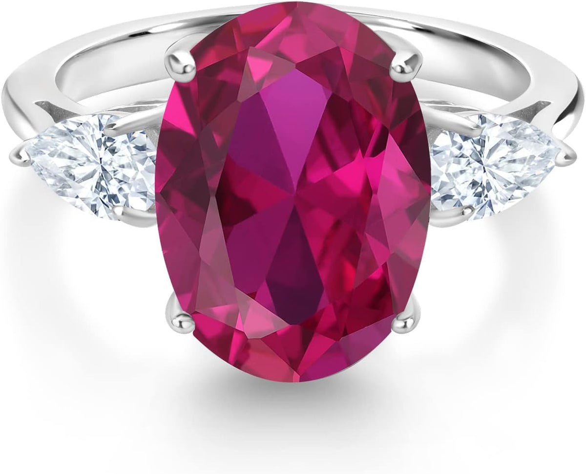 3.80 Cttw Red Created Ruby and White Moissanite 3 Stone Ring for Women | 925 Sterling Silver | 14X10MM Oval and 6X4MM Pear Shape | Available in Size 5, 6, 7, 8, 9
