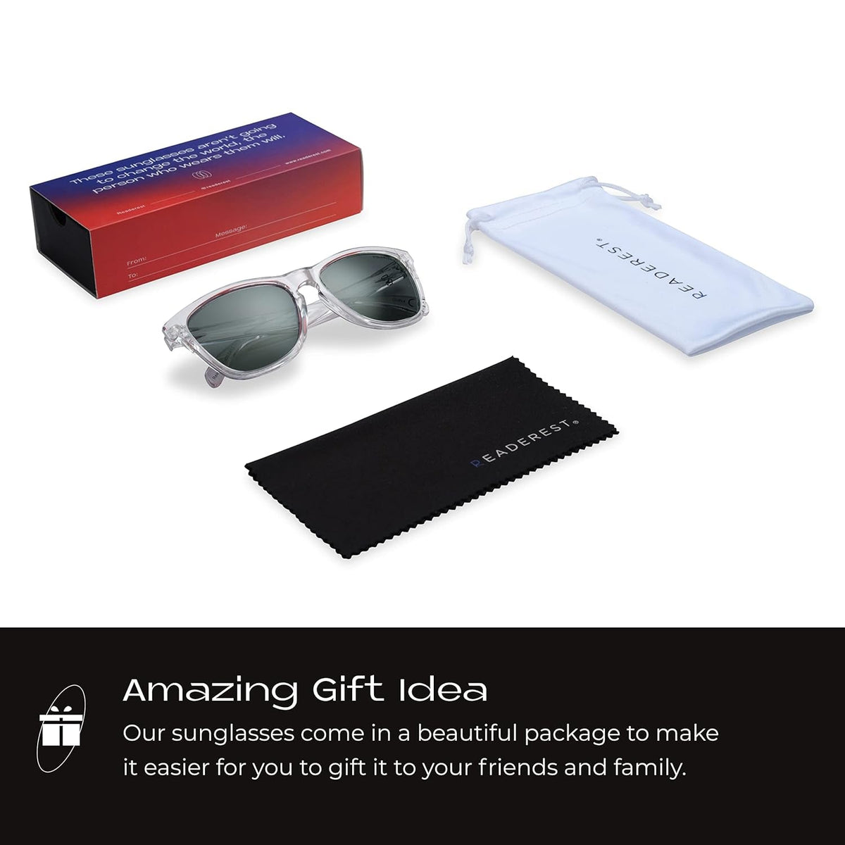 Polarized Sunglasses, Premium Square Sunglasses with Clear Frame and Grey Shades, Full UV 400 Protection for Men and Women