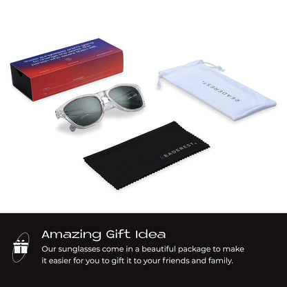 Polarized Sunglasses, Premium Square Sunglasses with Clear Frame and Grey Shades, Full UV 400 Protection for Men and Women