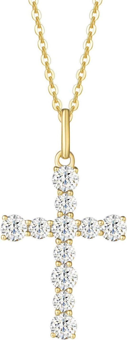 9K Solid Gold Cute Dainty Cross Pendant Necklace with White Sapphire Gemstone Fine Delicate Jewelry Mothers Day Gifts for Women, Moms