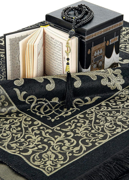 , Prayer Rug, Prayer Mat for Muslim with Kaaba Design Cubic Gift Box, Islamic Salah Mat for Worship, Namaz Rug, Praying Carpet, Sajadah, Islamic Gifts for Men, Women, Black