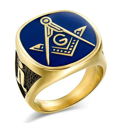 Gold BlueTitanium Steel Freemason Masonic Ring For Men Hip Hop Jewelry Religious Freemasonry Classics Rings Gold