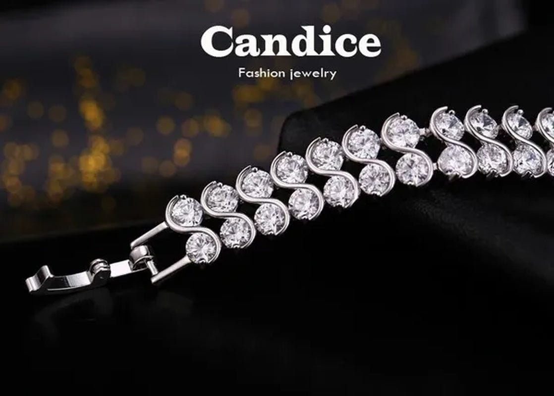 CANDICE Elegant 2 Row Cubic Zirconia Design Sterling Silver Plated Tennis Bracelet& Bangle for Women Gift