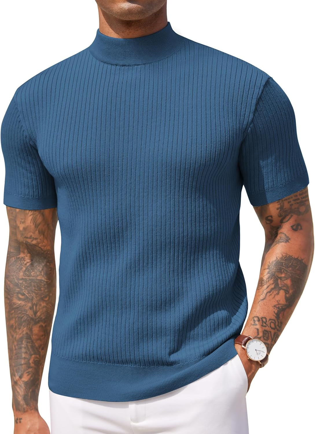 Men's Mock Turtleneck Sweater Short Sleeve Casual Basic Pullover Sweater Ribbed Knit Pullover Solid Tee