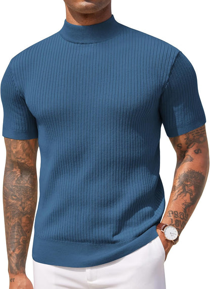 Men's Mock Turtleneck Sweater Short Sleeve Casual Basic Pullover Sweater Ribbed Knit Pullover Solid Tee