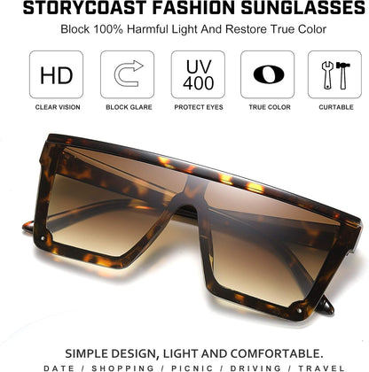 Square Sunglasses for Women Men Fashion Big Frame Flat Top Sun Glasses Mirror Lens