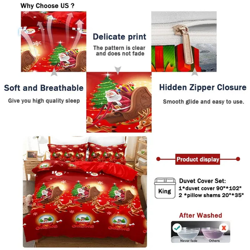 3Pcs/Set Christmas Duvet Cover Pillowcase Set,Christmas Holiday Decorative Comforter Cover Set Red with Christmas Reindeer and Snowflake Patterns Pillowcase (Quilt, pillow heart not included)
