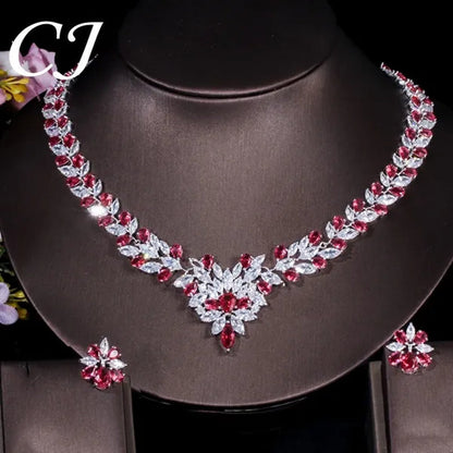CANDICE White Gold Plated Marquise Red Zirconia Stone Necklace Earrings Sets For Wedding Luxury Party CZ Jewelry Set