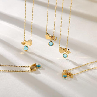 Initial Birthstone Necklace for Women, 14K Gold Plated Heart Initial Necklace Birthstone Necklace Heart Initial Birthstone Pendant Necklace Family Birthstone Necklace Birthday Gifts for Women