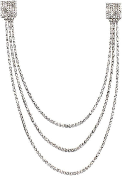Rhinestone Geometric Tassel Lapel Brooch Pin Long Chain Multi-Layered Full of Crystal Square Pins Clip Dress Sweater Collar Jackets Suit Brooches Pins Fashion Jewelry Gifts for Women Girls Accessories