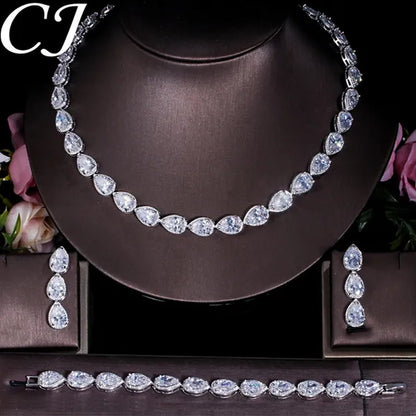 CANDICE Classic Zirconia Wedding Jewelry Sets For Bridal Luxury Teardrop CZ Stone White Gold Plated Party Chocker Necklace Earrings and Bracelet Set