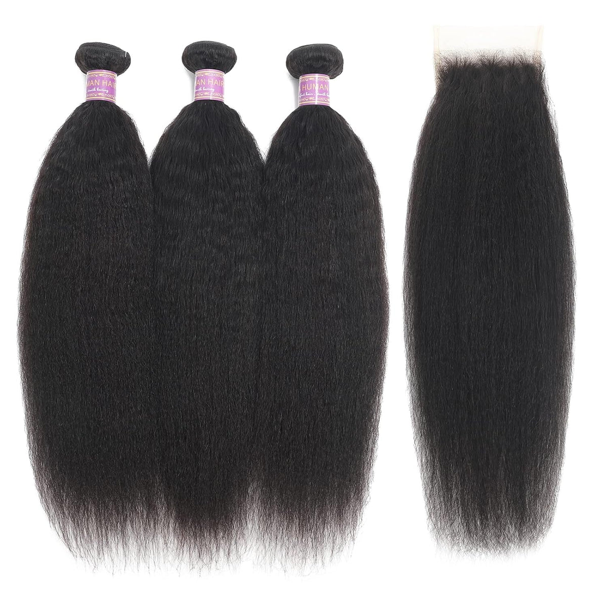 Kinky Straight Human Hair 3 Bundles with 4X4 Lace Closure Free Part 100% Unprocessed Brazilian Remy Yaki Straight Human Hair Extensions with Closure,Natural Black (12 12 12+10Closure)