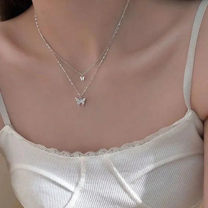Delicate and Creative Women's Zircon Necklace Butterfly Necklace Double Layer Necklace Women's Geometric Necklace Butterfly Necklace Fashion Women's Jewelry Accessories Festival Wedding Engagement Valentine's Day Anniversary Gift Christmas Gift Jewelry