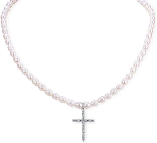925 Sterling Silver Cross Pendant Freshwater Pearl Necklace for Women'S Pearl Strand Necklaces