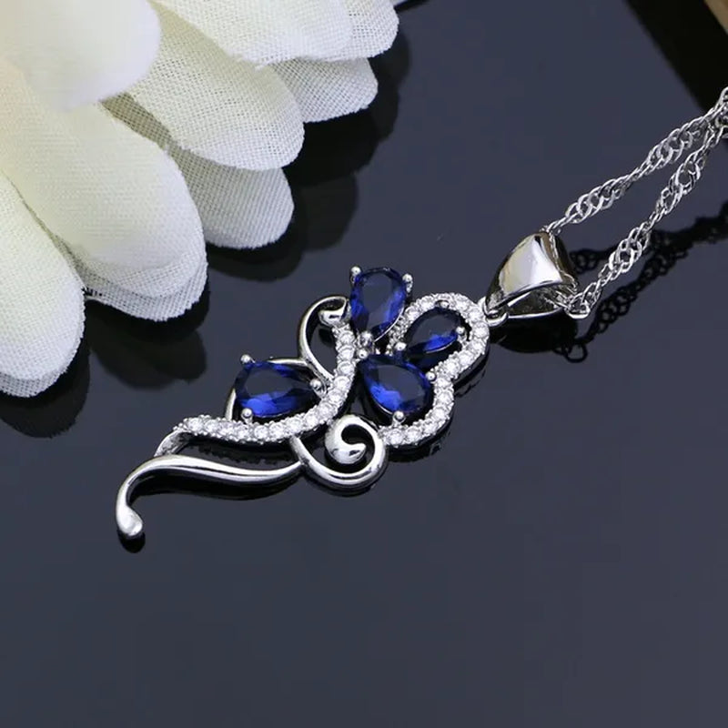 Blue Sapphire Silver 925 Jewelry Set White Topaz Charm for Women Stones Leaves Earrings Rings Bracelet Necklace Set