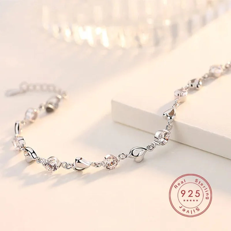 Hot 925 Sterling Silver Zircon Love Heart Shaped Bracelets Crystals  for Women Valentines Gift Wedding Party Cute Jewelry