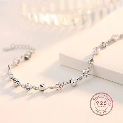 Hot 925 Sterling Silver Zircon Love Heart Shaped Bracelets Crystals  for Women Valentines Gift Wedding Party Cute Jewelry