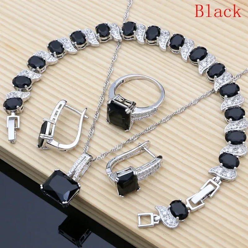 6 Colors Choice Gemstone Beads 925 Silver Jewelry Sets Sapphire Garnet Emerald Topaz Ruby Jewelry Set for Women