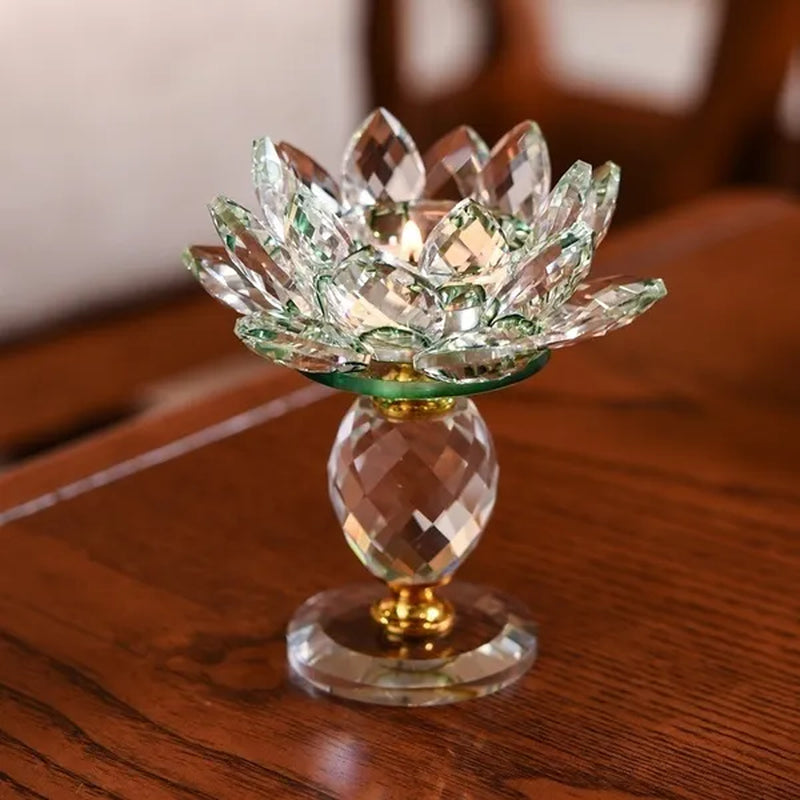Crystal Glass Lotus  Candle Tea Light Holder Buddhist Candlestick Home Decoration
