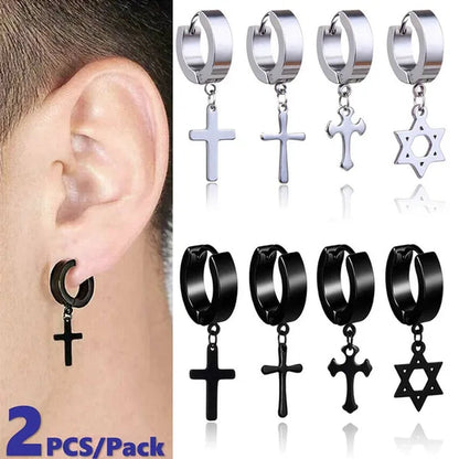 Stainless Steel Cross Ear Studs Black Sliver Earrings Ear Ring Jewelry Decoration Black Tassels Cross Unisex Hip Hop Rock Style for Women and Men 4 Styles