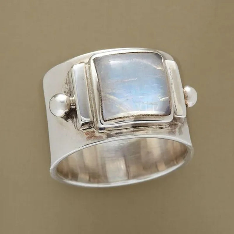 American Europe Women's Fashion Jewelry Antique Silver Natural Gem Moonstone Ring Ladies Engagement Wedding Anniversary Ring for Mom Wife Girlfriend Birthday Gift Jewelry Size US4-11