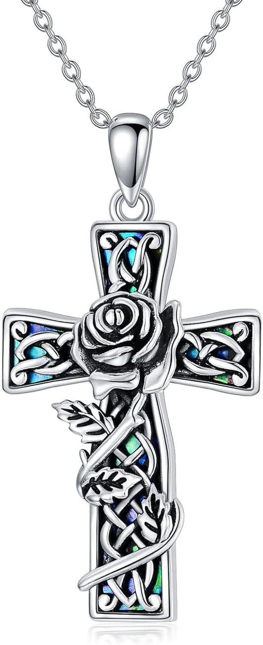 Cross Pendant Necklace with Abalone Shell, Silver Rose Flower Cross Necklace Gift for Women