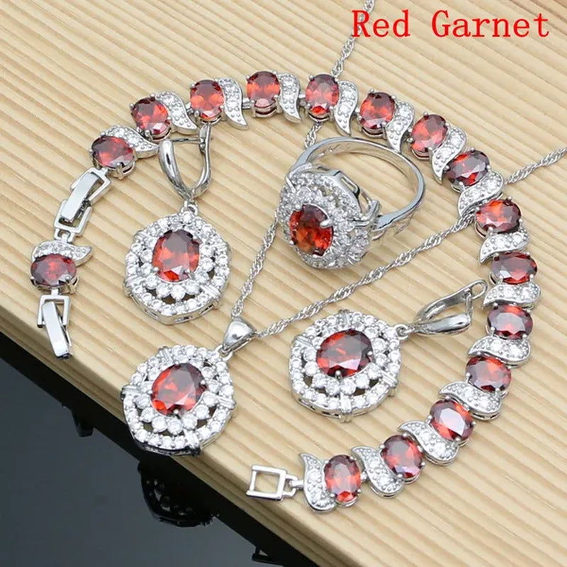 Oval 925 Silver Party Jewelry Sets blue sapphire White CZ Earrings Pendant Necklace Rings Bracelet Gift For Women