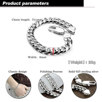 Men's 925 Sterling Silver Bracelet 10MM Classic Original Silver Cuban Chain Solid Silver Bracelet Rapper 2020 New 925 Sterling Silver Fashion Bracelet