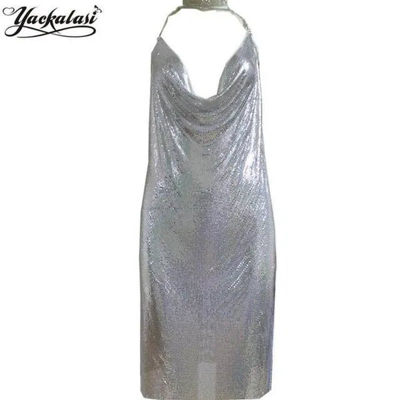 Club Women Party Dress Kendall Jenner Metal Mesh Spaghetti Strap Sheath Draped Hollow Out Spark Diamonds Neck Halter