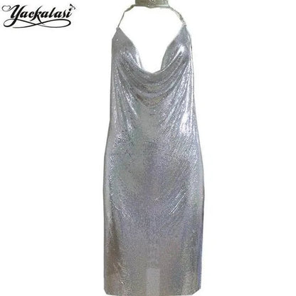Club Women Party Dress Kendall Jenner Metal Mesh Spaghetti Strap Sheath Draped Hollow Out Spark Diamonds Neck Halter