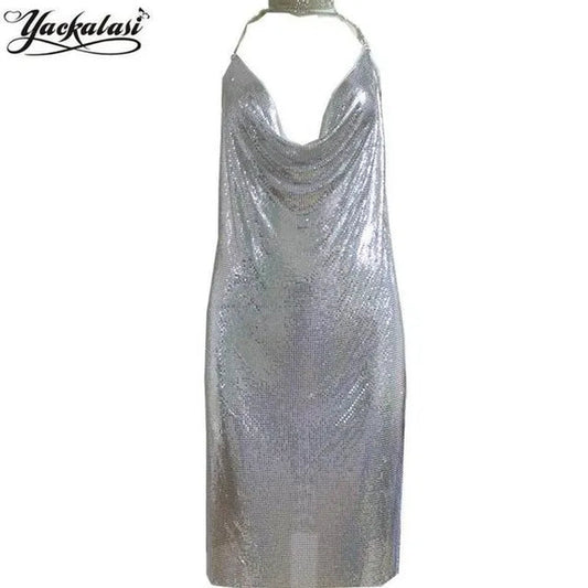 Club Women Party Dress Kendall Jenner Metal Mesh Spaghetti Strap Sheath Draped Hollow Out Spark Diamonds Neck Halter