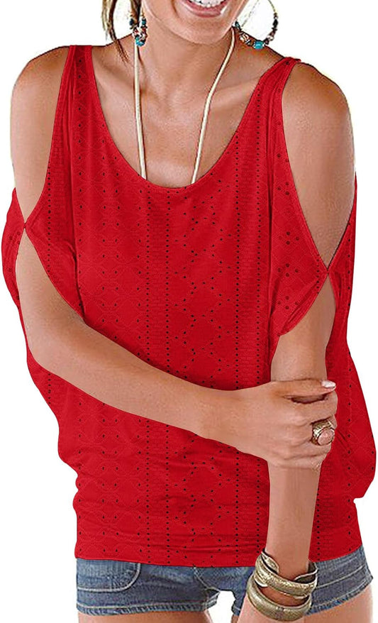 Women Cold Shoulder O-Neck Short Sleeve Loose Fit Summer Shirt Blouse Tops