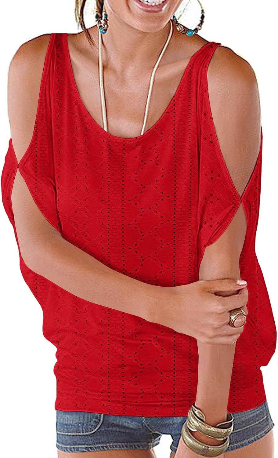 Women Cold Shoulder O-Neck Short Sleeve Loose Fit Summer Shirt Blouse Tops