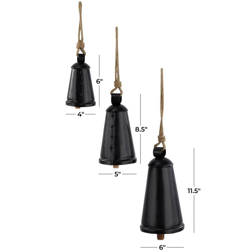 Black Metal Tibetan Inspired Narrow Cone Decorative Cow Bell with Jute Hanging Rope (3- Pack)