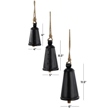 Black Metal Tibetan Inspired Narrow Cone Decorative Cow Bell with Jute Hanging Rope (3- Pack)