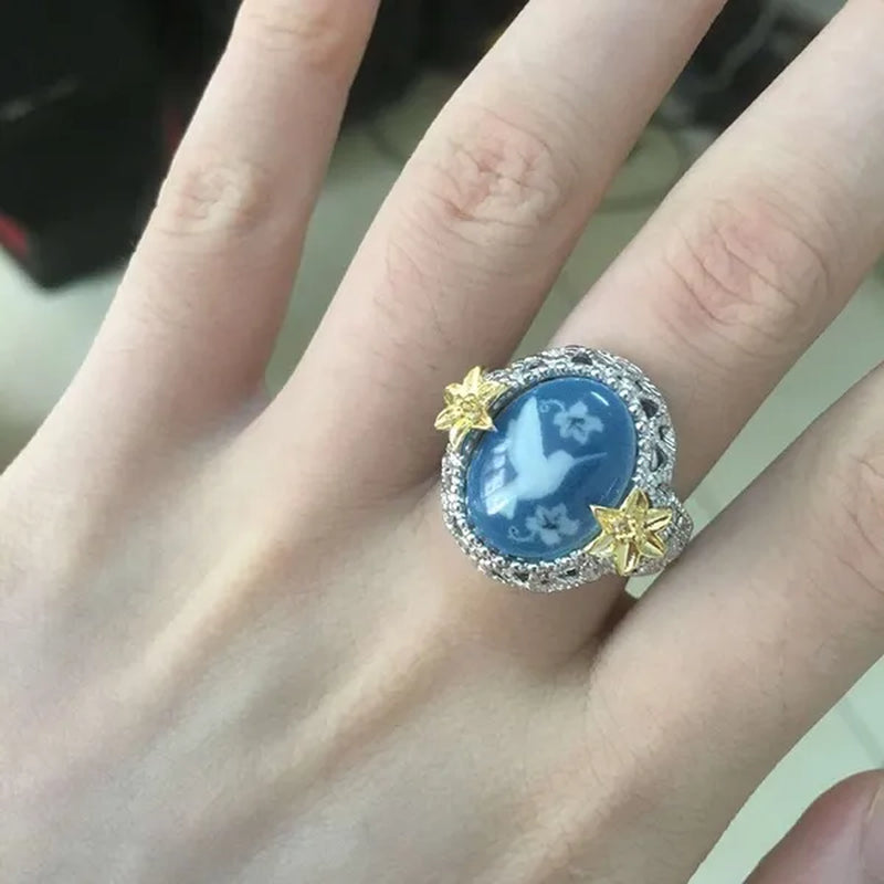 Exquisite Bridal  Ring White Bird Pigeon Dove Blue Wax zircon Jewelry  Flower Exaggerated Engagement Cocktail Party Wedding Band Rings for Women