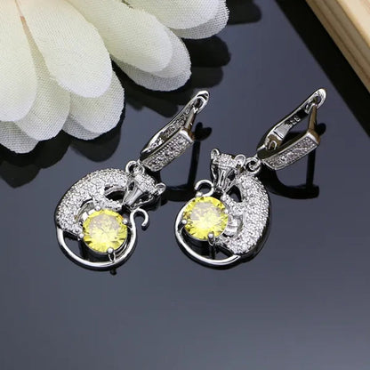 Women 925 Sterling Silver Bridal Jewelry Sets Yellow Topaz Charm Earring Necklace for Women Party Fox Shaped Ring Bracelet Set