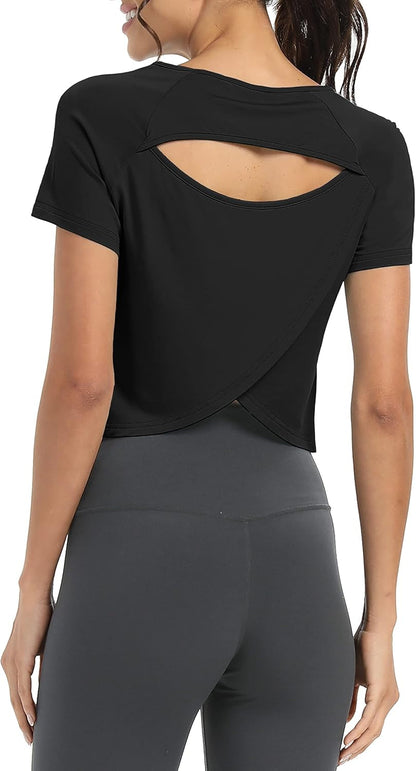 Women Short Sleeve Cross Back Workout Crop Tops Backless Yoga Athletic Gym Shirts