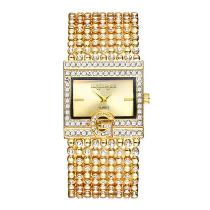Lucky Bracelets Luxury Ladies Wrist Watch Fashion Full Diamond Gold Stainless Steel Rectangular Female Quartz Watch