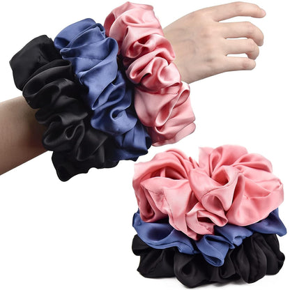 Big Real Silk Scrunchies for Women Large Scrunchie Satin Oversized Silk Thick Elastic Hair Ties Jumbo Hair Scrunchies 3 Pack (Black,Pink,Blue)