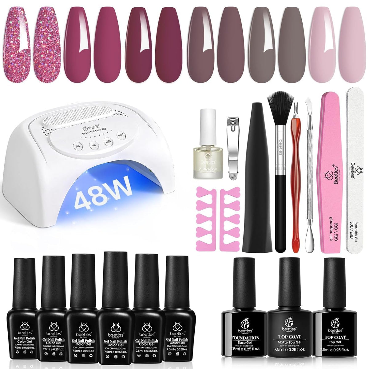 Beetles Gel Nail Polish Kit with 48W light 18 Pcs Gel Starter Kit,6 colors Nude Pink French White Glitter Gel Polish Soak Off Base Top Coat Gel Art Manicure Kit
